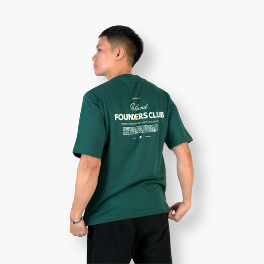 Person wearing a green t-shirt with 'Founders Club' text on the back against a white background