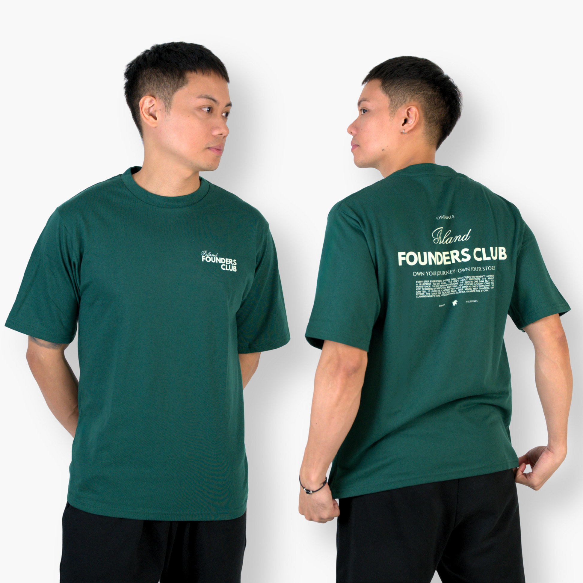 Person wearing a green t-shirt with 'Founders Club' clothing text on a white background